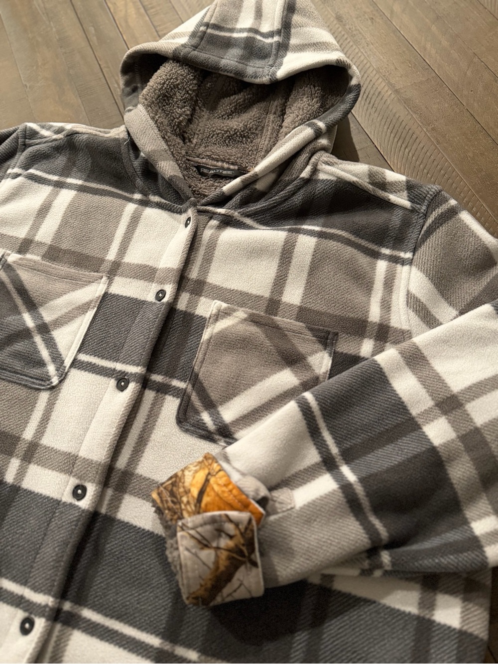 Realtree Plaid Sherpa-Lined Hooded Fleece Shirt Jacket Men’s XXL